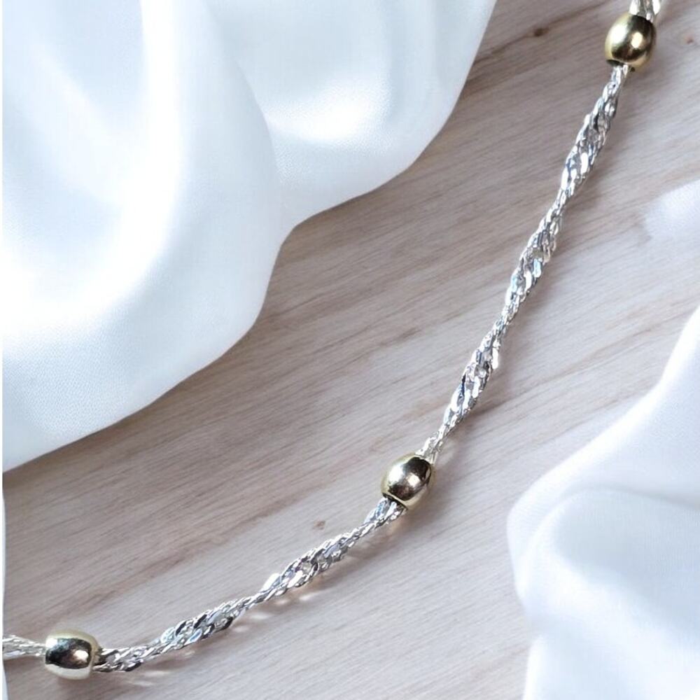 Silver Twisted Chain Gold Bead Two Tone Necklace 22 Inch Minimal Modern Chic - Picture 3 of 4